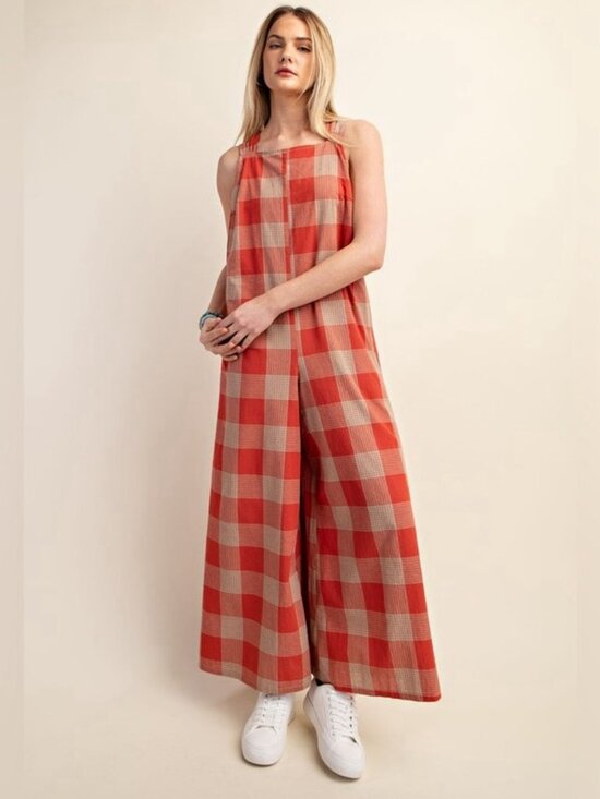 Gigio Pants - Cotton Plaid Wide-leg Jumpsuit